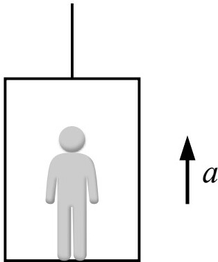 A diagram of a person standing in an elevator with an arrow pointing upwards labeled with acceleration $a$.