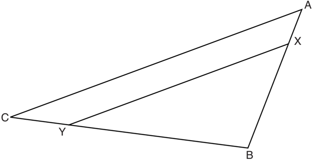 Diagram of triangle ABC with points X on AB and Y on CB, and a line segment XY.