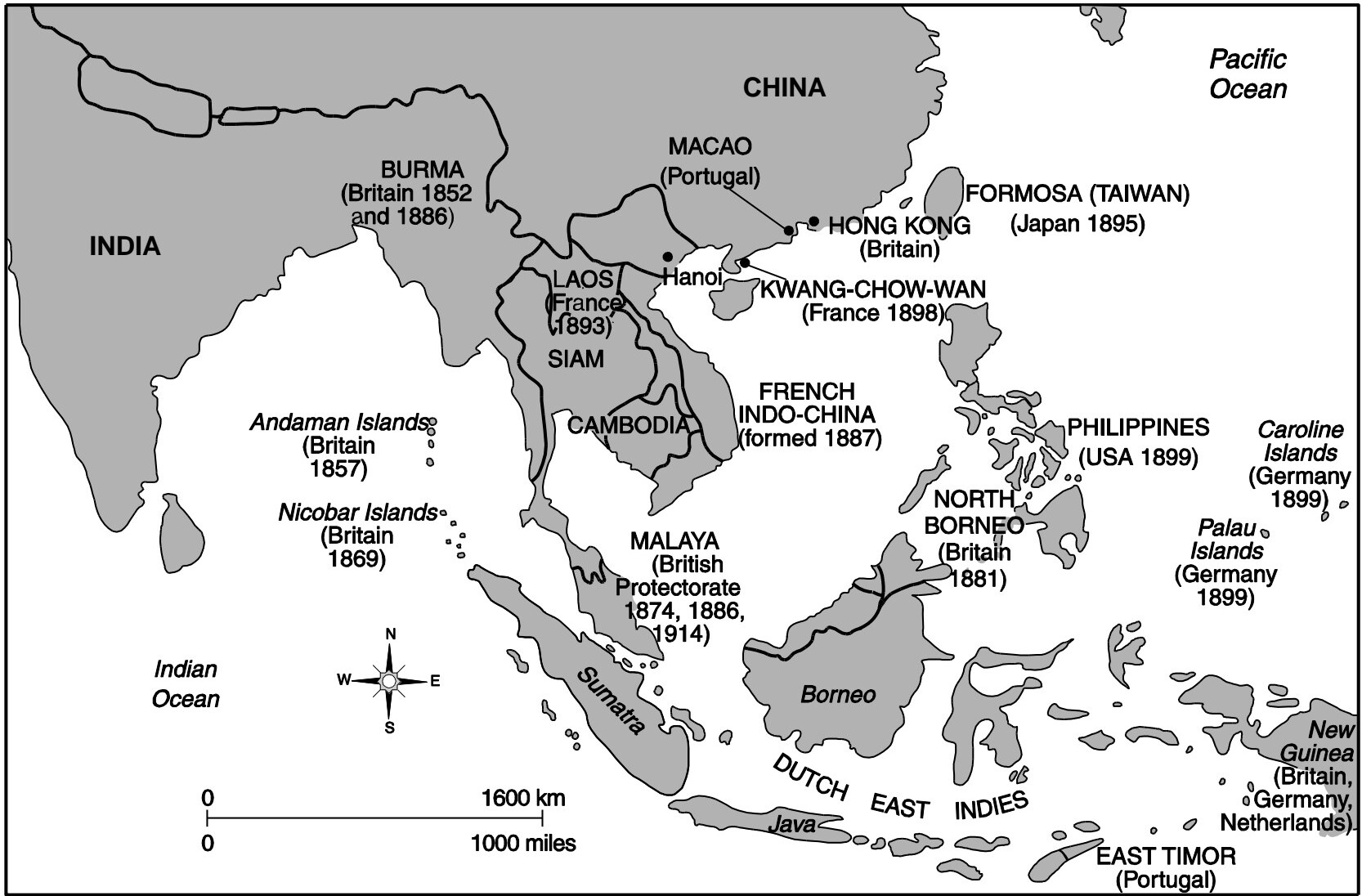 Map of Southeast Asia showing imperial expansion between 1850 and 1914. Labels include India, China, Burma (Britain 1852 and 1886), Laos (France 1893), Siam, Cambodia, French Indo-China (formed 1887), Malaya (British Protectorate 1874, 1886, 1914), Dutch East Indies, Philippines (USA 1899), Formosa (Taiwan) (Japan 1895), and various island groups controlled by Britain, Germany, and Portugal.